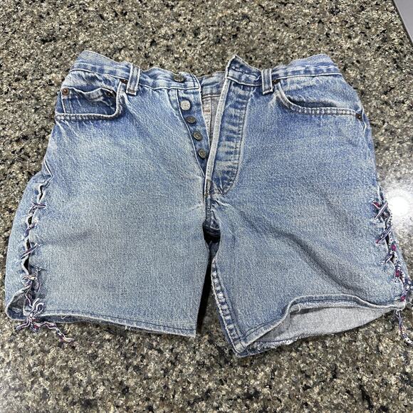Levis 501 Denim Shorts 26 Blue Button Fly Lace Up Sides DIY Shorts - Picture 1 of 7
